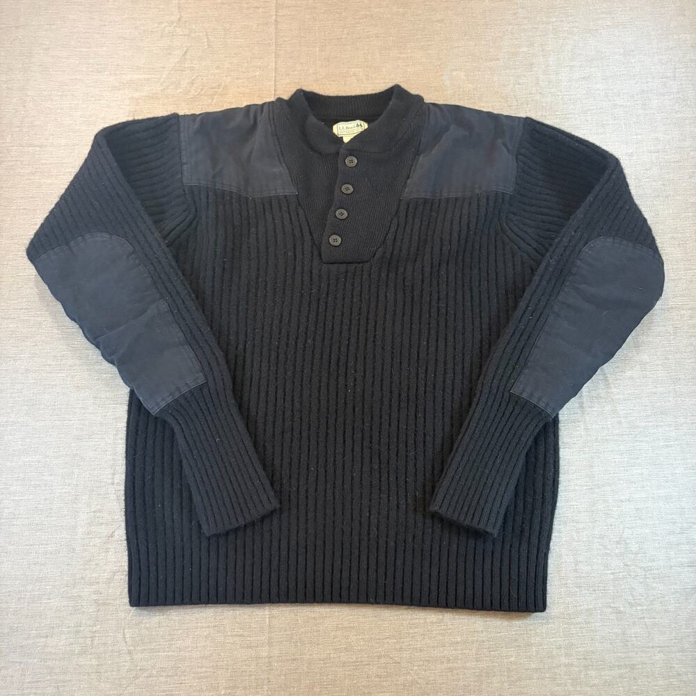 LL Bean Commando Sweater Size L Black Merino Lambs Wool Arm Patches